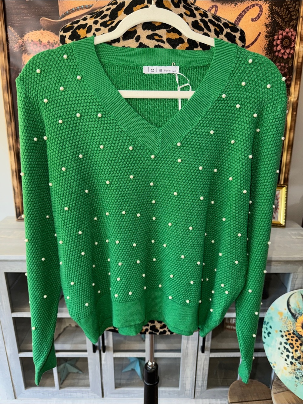 NWT LOLA | Pearl-Embellished Green V-Neck Sweater - Women's M/L